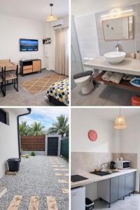 three different views of a kitchen and a bathroom at Private Suite in Kourou