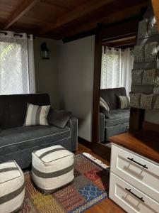 a living room with a couch and a mirror at Enchanted Jungle Treehouse in Spanish Lookout