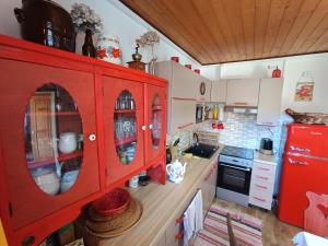 a kitchen with red cabinets and a red refrigerator at TUTTO Home in Frýdlant nad Ostravicí