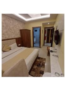 a hotel room with a bed and a television at Hotel Zorba in Bhopal +3 photos