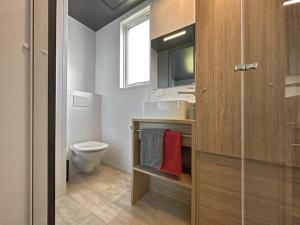 a bathroom with a toilet and a sink and a window at Feriendorf Seeblick - Tiny Chalet Nr 9 in Neunburg vorm Wald +24 photos