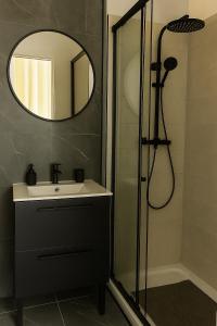 a bathroom with a sink and a shower with a mirror at charmant appartement 4 pers hyper centre, au calme in Rouen