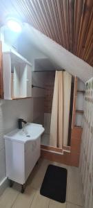 a bathroom with a sink and a shower curtain at Vikendica Pejovic in Žabljak +7 photos
