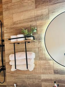 a bathroom with a mirror and a shelf with towels at Refugio Andino in Tupungato