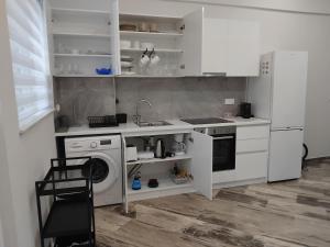 a kitchen with a sink and a washing machine at G&G home 2 in Kalamata +34 photos