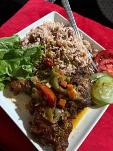 a plate of food with meat and rice and vegetables at Riddim Vybz guesthouse in Kingston +36 photos