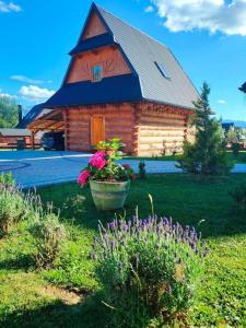 a log cabin with a pot of flowers in front of it at Kunatówka domek w Zębie in Ząb