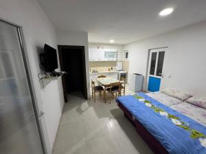 a bedroom with a bed and a small kitchen at Apartment Perutović in Sutomore