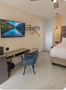 a bedroom with a desk and a tv on the wall at Grey heron in Boksburg