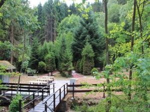 a group of tables and benches in a forest at Hambachtal forest hideaway boutique resort in Oberhambach