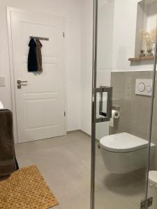 a bathroom with a toilet and a glass door at Ferienwohnung Strandmuschel in Lembruch +34 photos