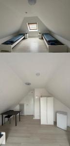 two images of a room with beds and a table at BH Haus in Bremerhaven