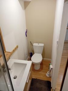 a bathroom with a toilet and a sink at Chambre équipée in Languidic