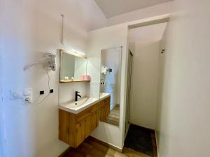 a bathroom with a sink and a shower and a mirror at Roubaix Lille private shower & Netflix in Roubaix