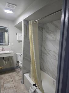 a bathroom with a shower and a toilet and a sink at Indian Mound Motel in Fairmont City +59 photos