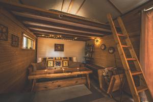 a room with a couch and a ladder in a room at Goonieland Backcountry Sauna & Stays in Golden