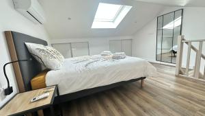 a bedroom with a large bed and a skylight at Les Myosotis in Vernon