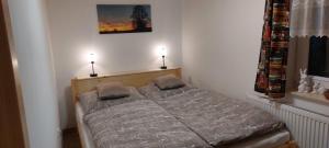a bedroom with a bed with two lamps on it at Apartmán U Lípy Janovičky in Heřmánkovice