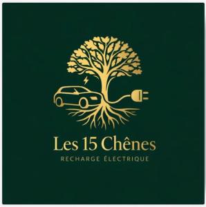 a green sign with a tree and a car under it at LES 15 CHENES Chambres d hôtes, parc arboré de 5000 m2 à 20KM du PUYDUFOU Une suite familiale et 3 chambres doubles in Saint-Mesmin