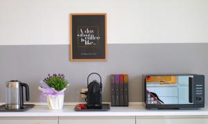 a kitchen counter with a microwave and a picture at Holiday Vibes in Pisa