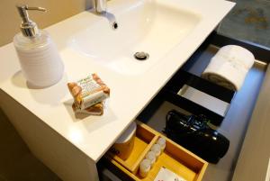 a bathroom counter with a sink and a bottle of soap at Holiday Vibes in Pisa +17 photos