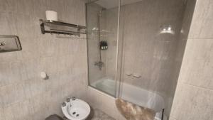 a bathroom with a shower and a toilet and a sink at Solar Andino Inn in San Carlos de Bariloche