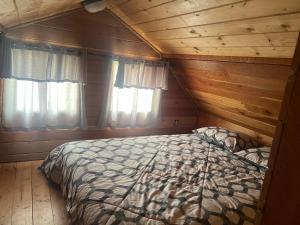 a bedroom with a bed in a wooden cabin at Cabin 1 The Glacier in Hot Springs