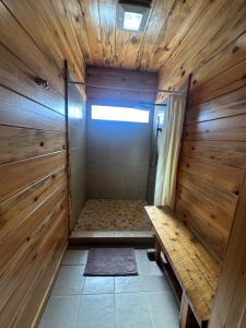a bathroom with a shower with a bench in it at Cabin 1 The Glacier in Hot Springs