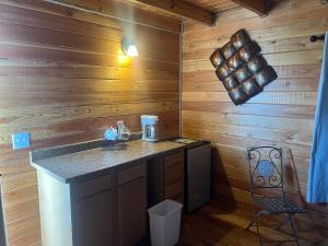 a kitchen with a counter and a chair in a cabin at Cabin 1 The Glacier in Hot Springs