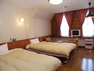 ein Hotelzimmer mit zwei Betten und einem Fernseher in der Unterkunft Pension Ohno in Sobetsu + 23 Fotos