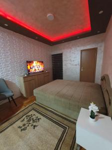a bedroom with a bed with a red ceiling at Trend Lux Obrenovac, sa parkingom in Obrenovac +13 photos