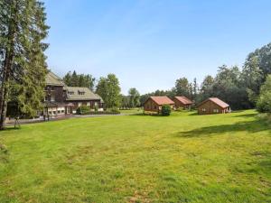 a large green field with houses in the background at Finnische Blockhausstilhäuser im Harz in Benneckenstein