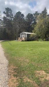 a house in the middle of a grassy field with a gravel road at Off the Road Oasis in Lufkin