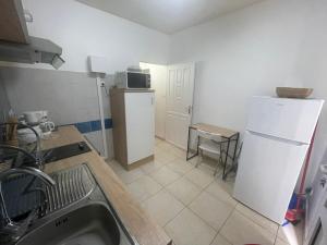 a kitchen with a sink and a white refrigerator at SOLEY City Break 13 in Les Abymes
