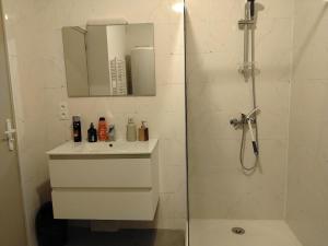 a white bathroom with a shower and a sink at Ô Bon Goût in Bourges