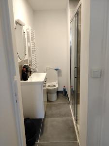 a white bathroom with a toilet and a sink at Ô Bon Goût in Bourges