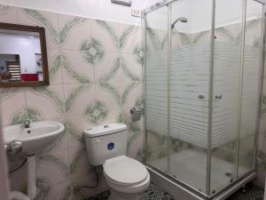 a bathroom with a shower and a toilet and a sink at Mabel's Garden Stay in Puerto Galera +21 photos