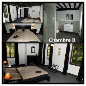 eine Collage mit vier Bildern eines Schlafzimmers und eines Wohnzimmers in der Unterkunft B&B Au Moulin 1771 in Monein