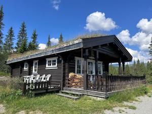 a log cabin with a grass roof and white chairs at Synnfjell hytta in Nord Torpa