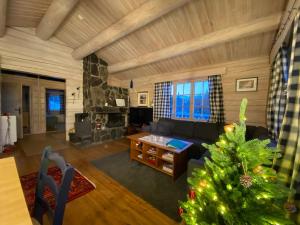 a living room with a christmas tree in it at Synnfjell hytta in Nord Torpa
