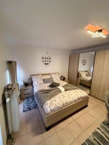 a bedroom with a bed and a large mirror at Apartchrisbea in Namur