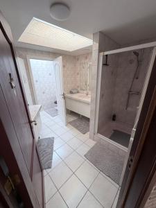 a bathroom with a shower and a sink and a tub at Apartchrisbea in Namur +22 photos