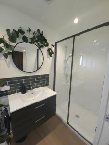a bathroom with a sink and a shower with a mirror at The Old Tin Shed in Wanaka