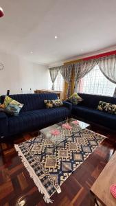 a living room with a blue couch and a rug at Two Sixty Nine in Gqeberha