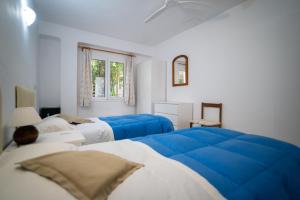 a bedroom with two blue beds and a window at PuntBlanc Residences in Sant Elm