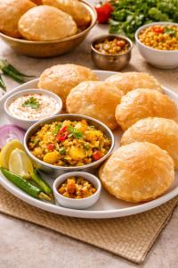 a plate of food with bowls of food on a table at Hotel The Grand Villa by Signature Stayz Near International Airport in New Delhi