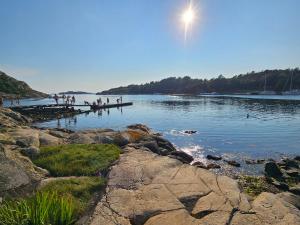 a group of people standing on a dock in the water at Trellebystrands Camping in Lysekil