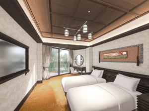 a bedroom with two beds and a desk at Nara Hotel in Nara