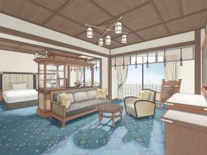 a rendering of a living room with a bedroom at Nara Hotel in Nara