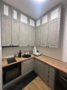 a kitchen with wooden cabinets and a sink at Panonski Mornar in Palić